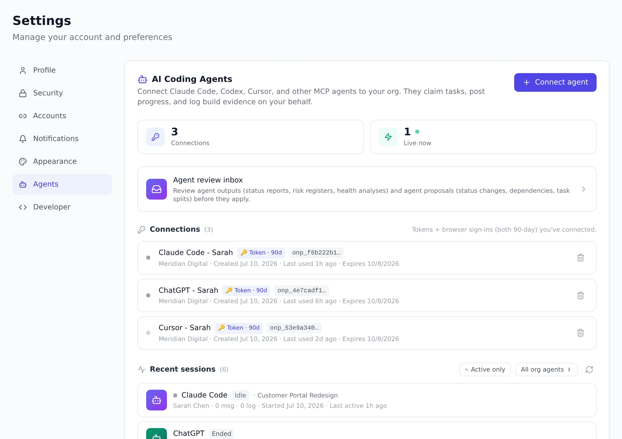 Onplana Settings Agents tab with three connected agents (Claude Code, ChatGPT, Cursor), a live session count, an agent review inbox, and a list of recent agent sessions on real projects