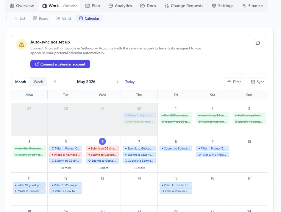 Onplana calendar month view: tasks, milestones, and deadlines plotted across the month with color-coded project bands, today indicator, and a side panel showing what's due in the next 7 days
