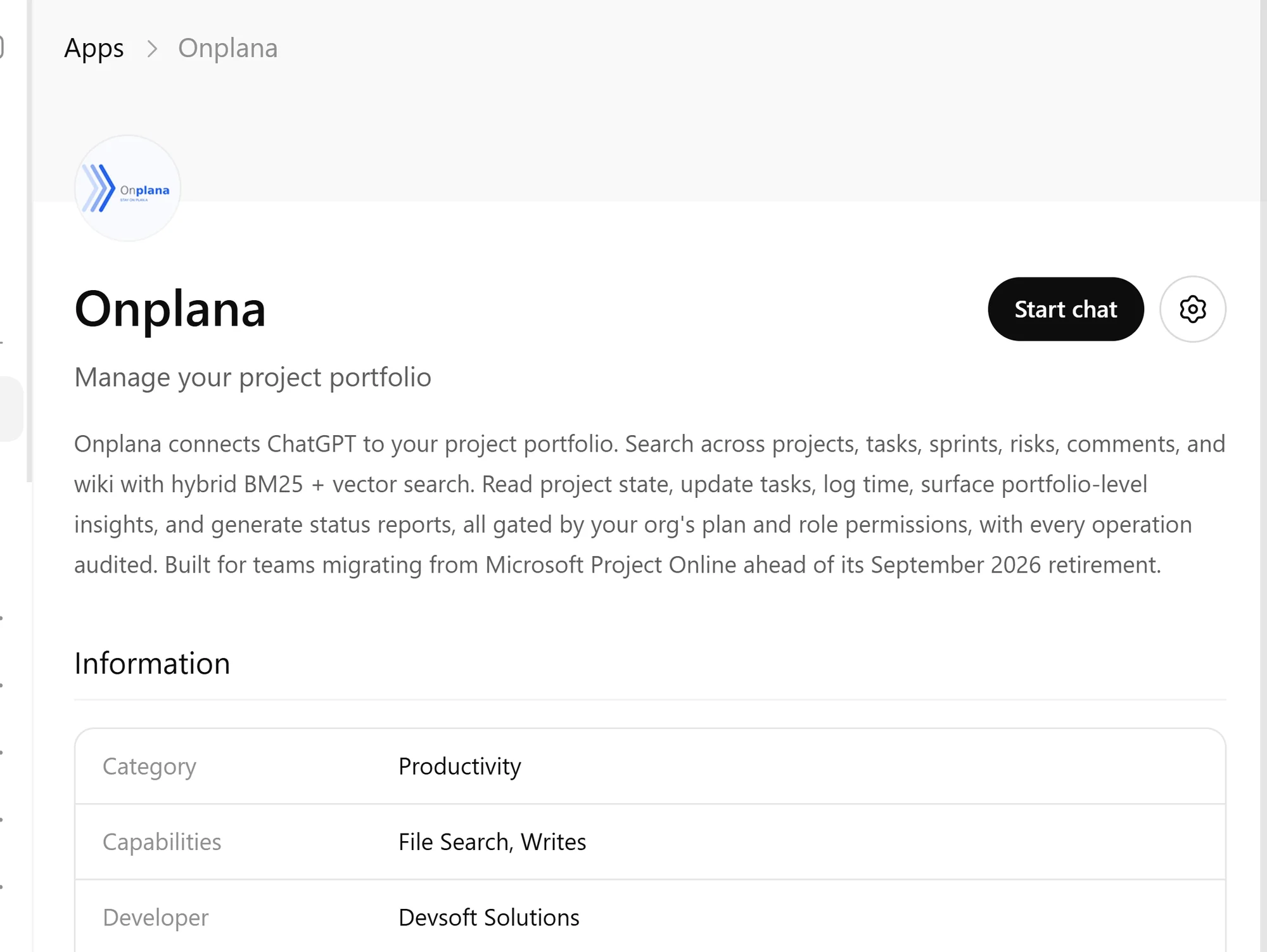 The Onplana app detail page in the ChatGPT connector directory: Manage your project portfolio, Productivity category, capabilities File Search + Writes, developer Devsoft Solutions, with a Start chat button