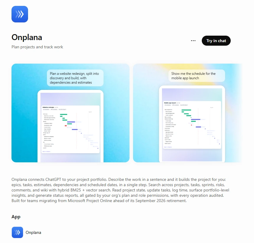The Onplana page in the ChatGPT plugin directory: the subtitle "Plan projects and track work", a Try in chat button, two example prompts (plan a website redesign with dependencies and estimates; show the schedule for the mobile app launch) shown over Gantt charts, and the listing description