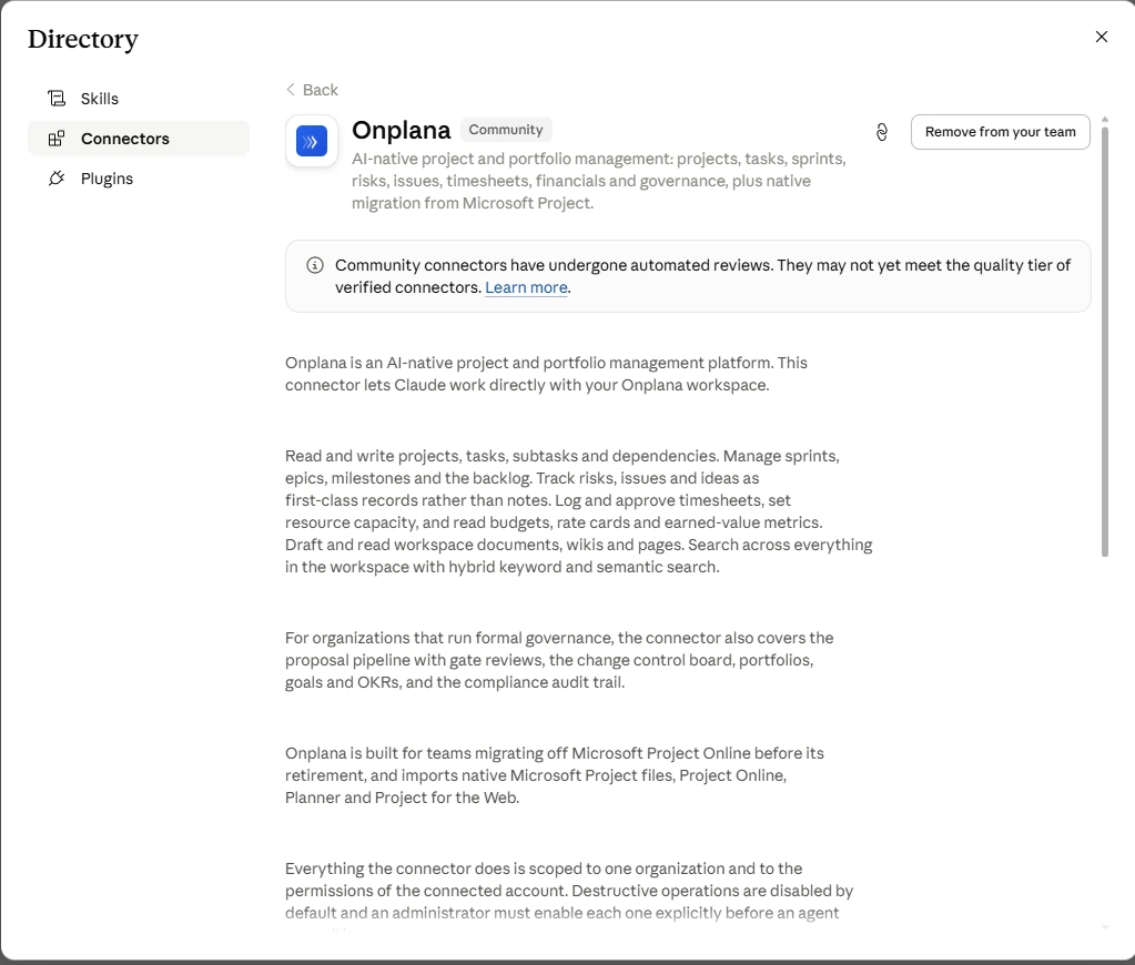The Onplana entry in Claude's connector directory, showing the Community badge, what the connector can read and write, and a note that community connectors have undergone automated reviews