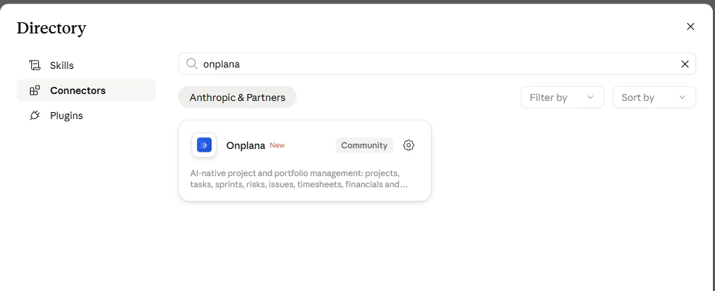 Searching "onplana" in Claude's Directory under Connectors returns the Onplana row with a Community badge