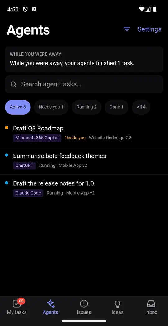 The Agents view on an Android phone listing work agents are doing, with blocked items at the top.
