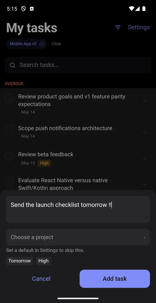Quick-add on an Android phone with a task typed in plain language.