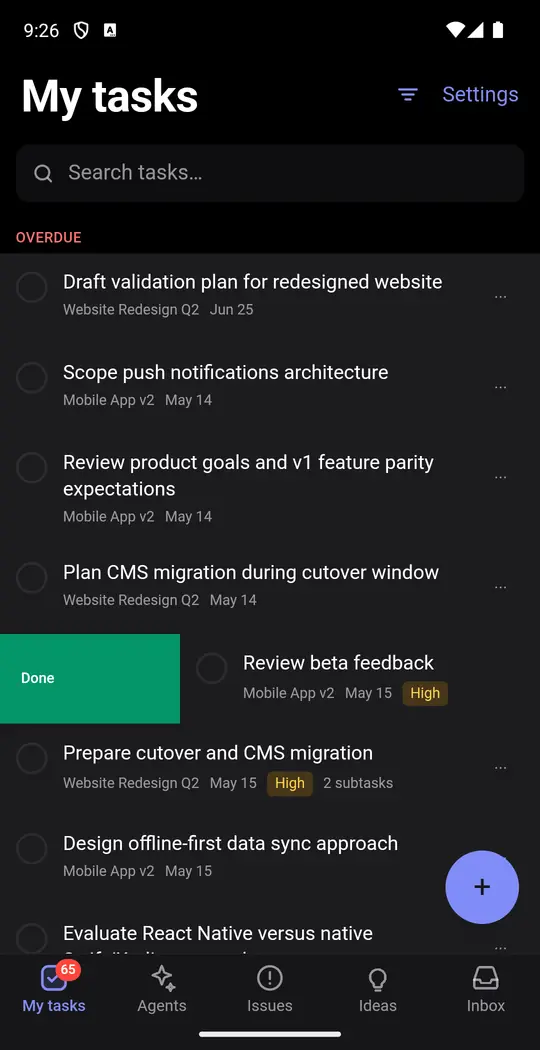 A task being swiped to the right on an Android phone, revealing the complete action.