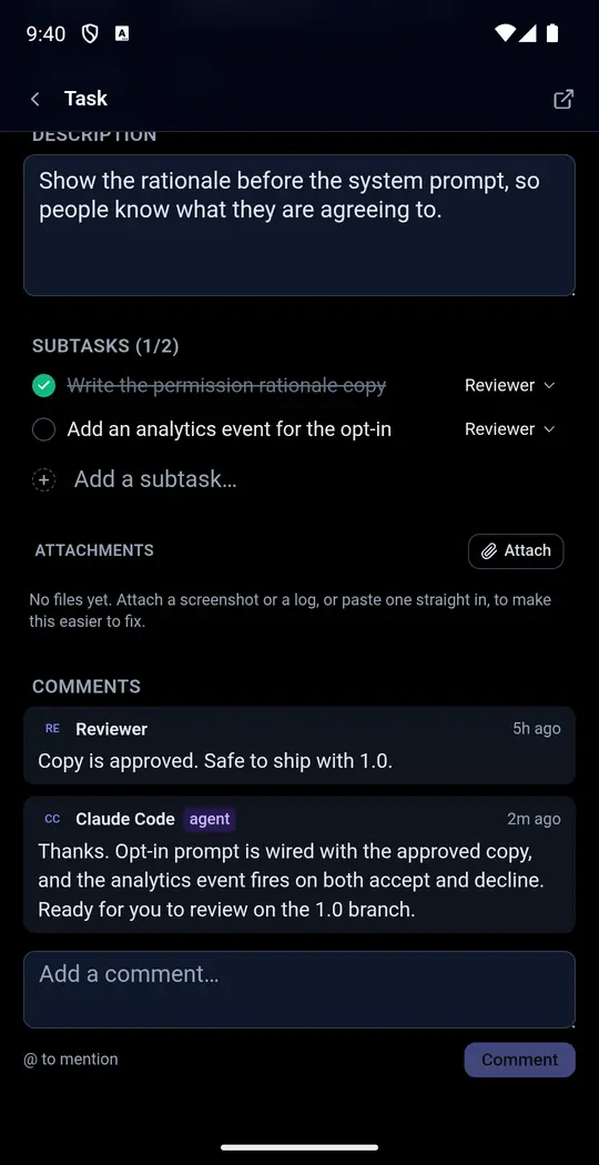 A task open on an Android phone showing its subtasks, due date and comments.