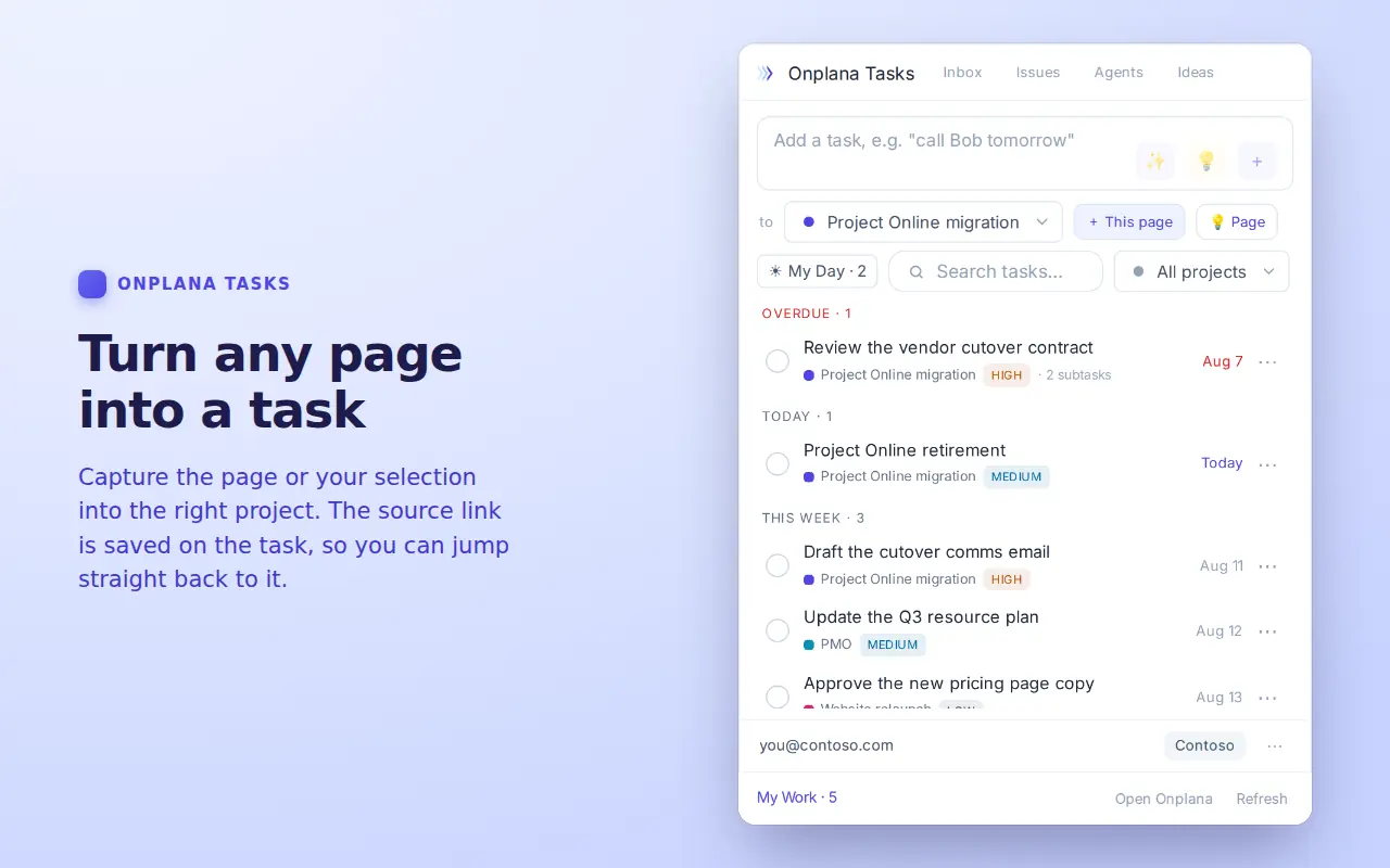 The extension capturing the current web page as a task, with the page title filled in.