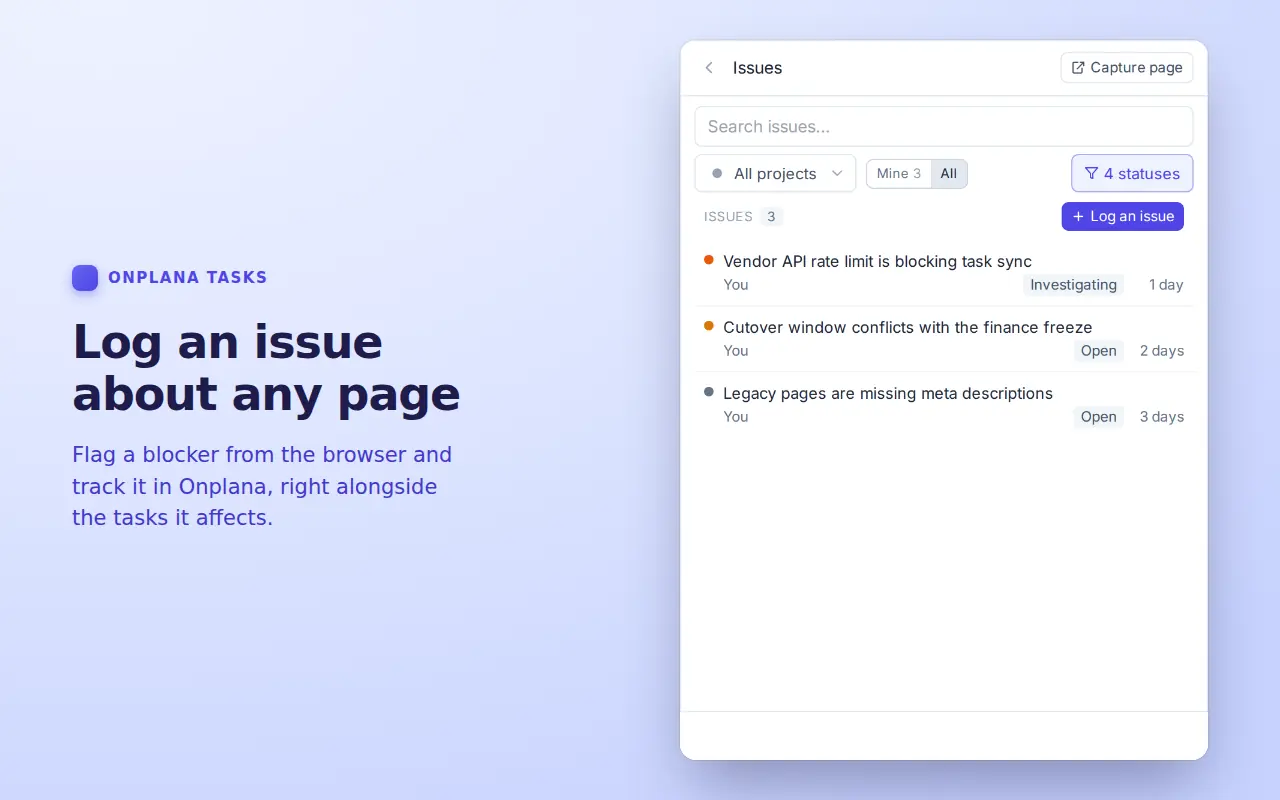 The extension Issues view listing issues the signed-in user reported or owns.