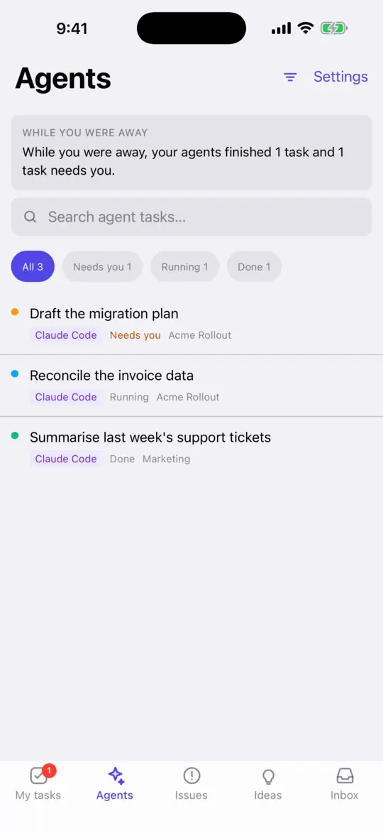 The Agents tab on an iPhone showing what agents did while you were away, with an agent task that needs you.