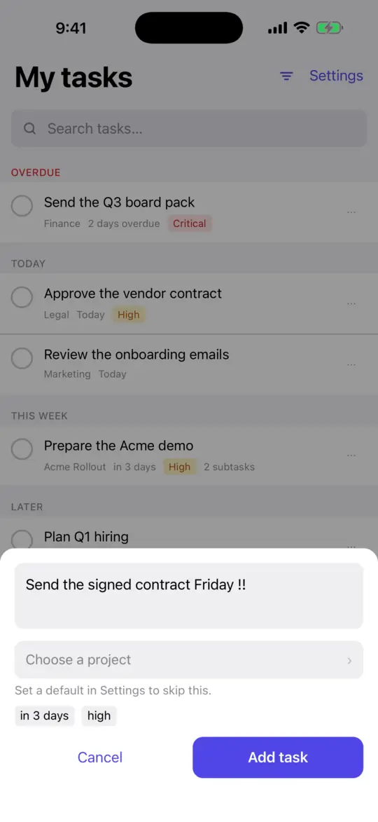 Quick add on an iPhone parsing a plain-language task into a due date and a high-priority chip.