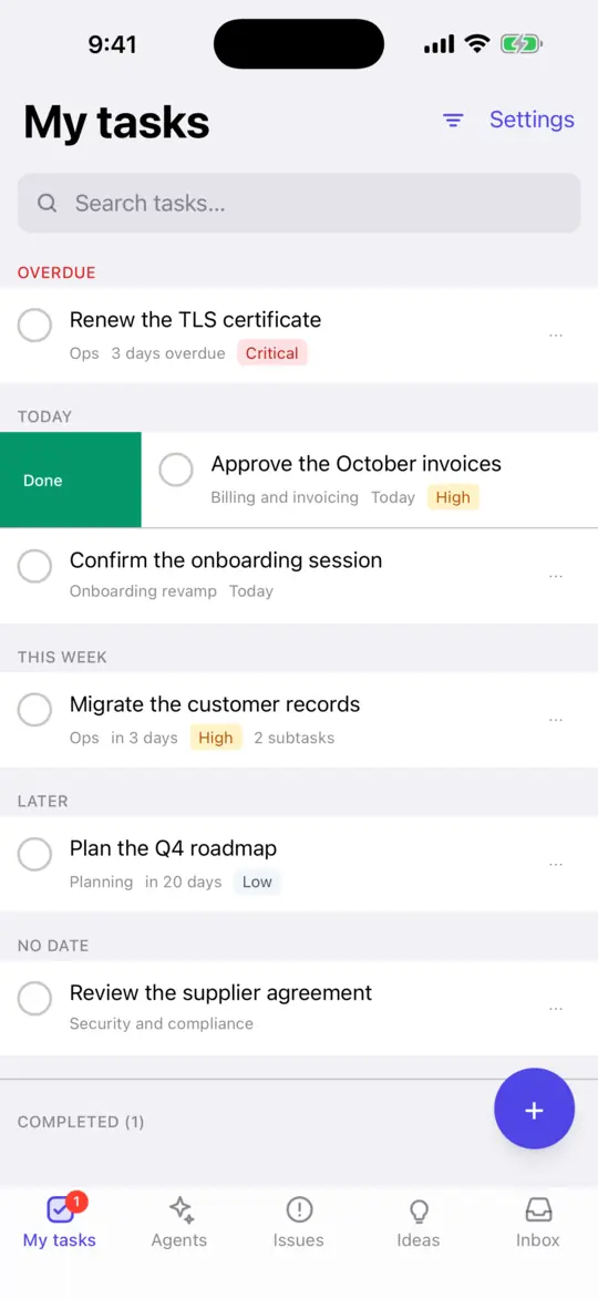 A task being swiped to the right on an iPhone, with the green Done action revealed behind it.