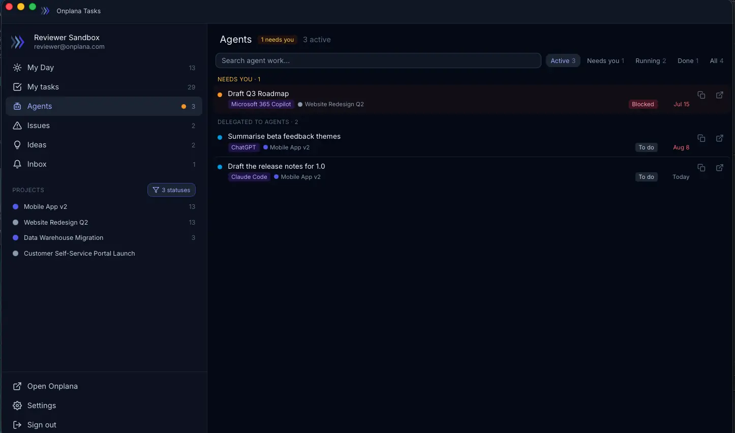 The Mac app Agents view showing a blocked task from Microsoft 365 Copilot above delegated work from ChatGPT and Claude Code.