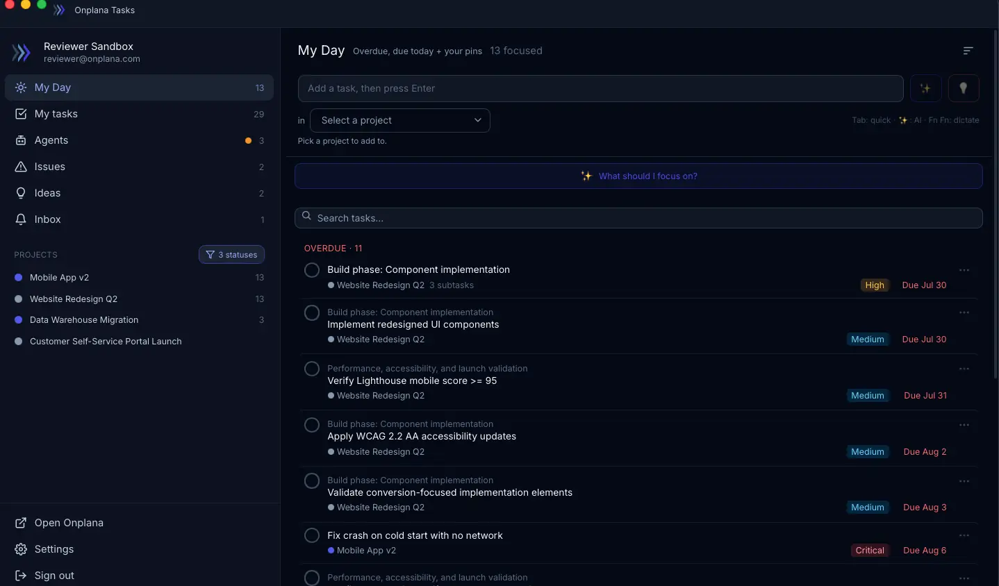 The Onplana Tasks Mac app in dark mode showing My Day, with overdue work listed and a focus count in the header.