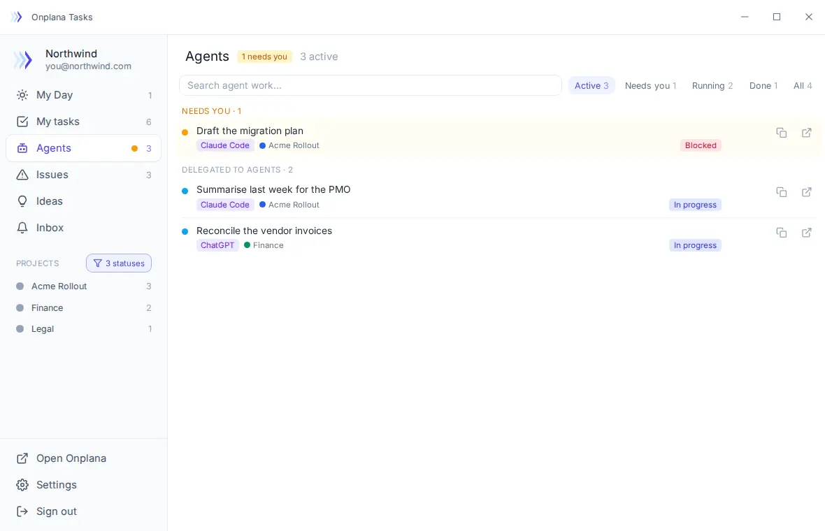 The Windows app Agents view showing a blocked agent task at the top under a "needs you" heading.
