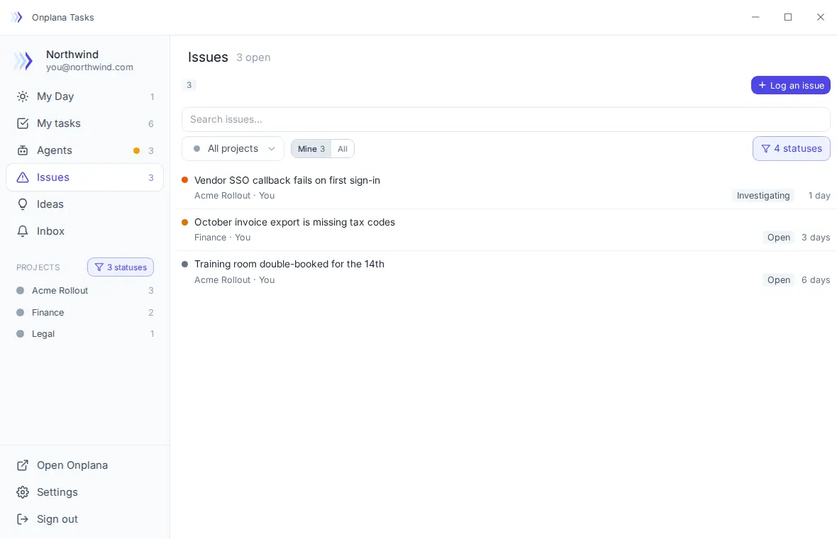 The Windows app Issues view listing three open issues with their project, status and age.