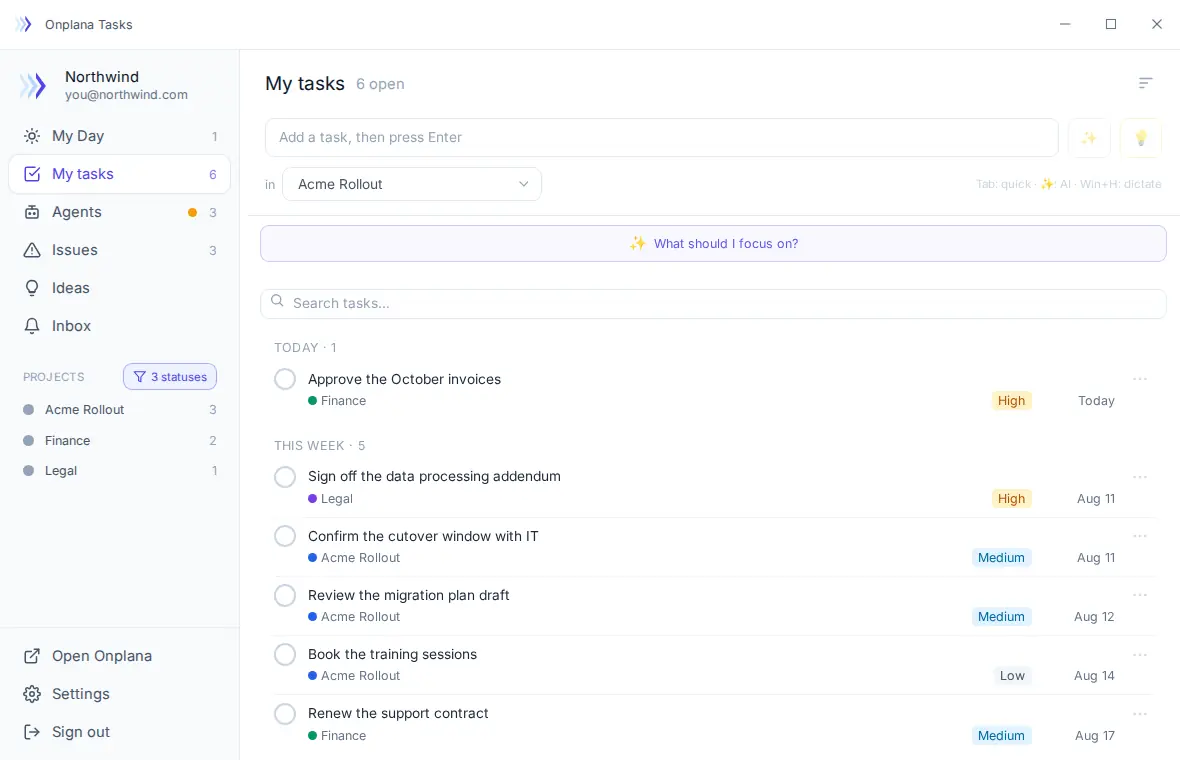 The Onplana Tasks Windows app showing tasks grouped into today and this week, with project counts in the sidebar.