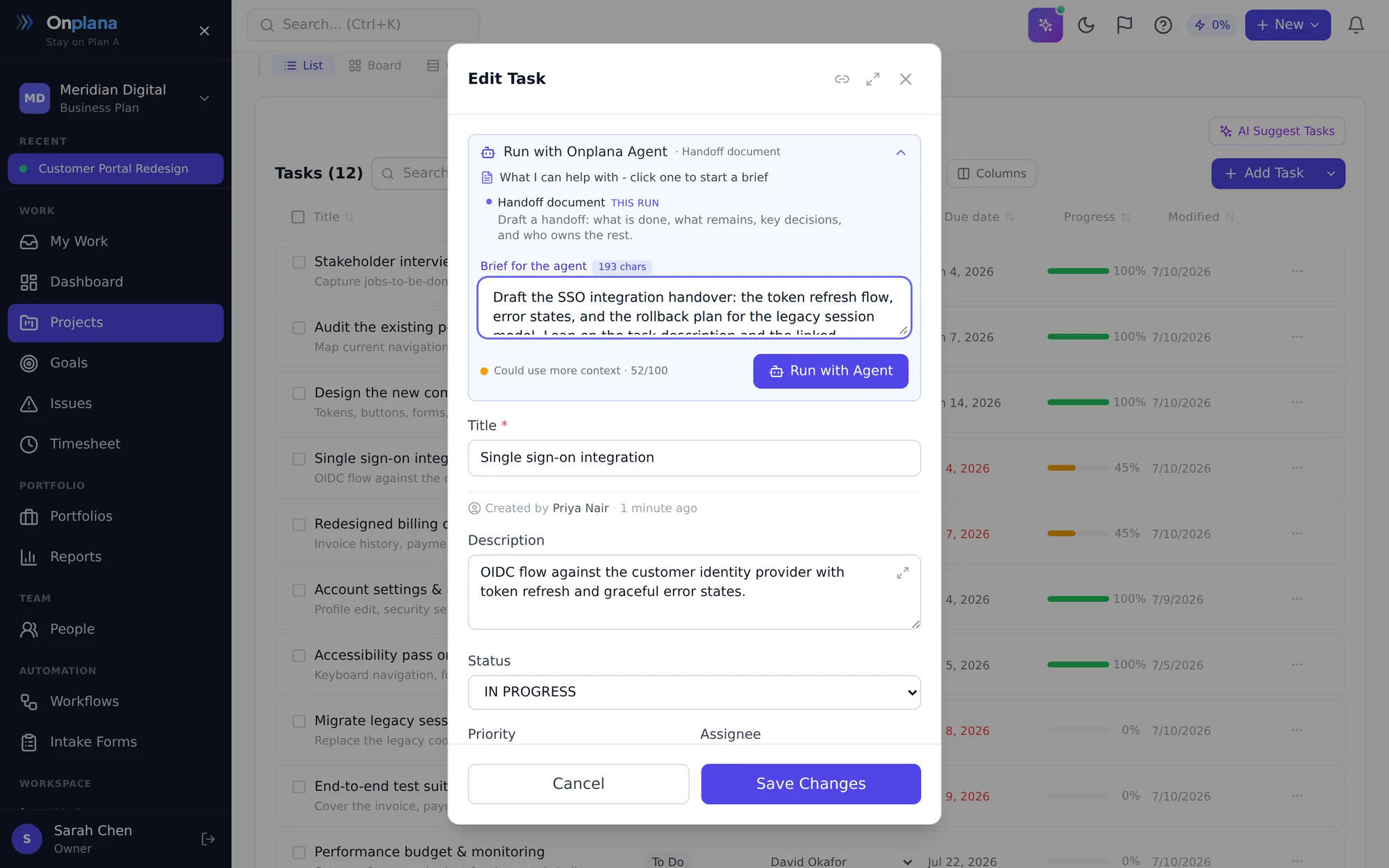 Onplana Edit Task modal with the Run with Onplana Agent panel: deliverable type, written brief, readiness score, and an enabled Run with Agent button