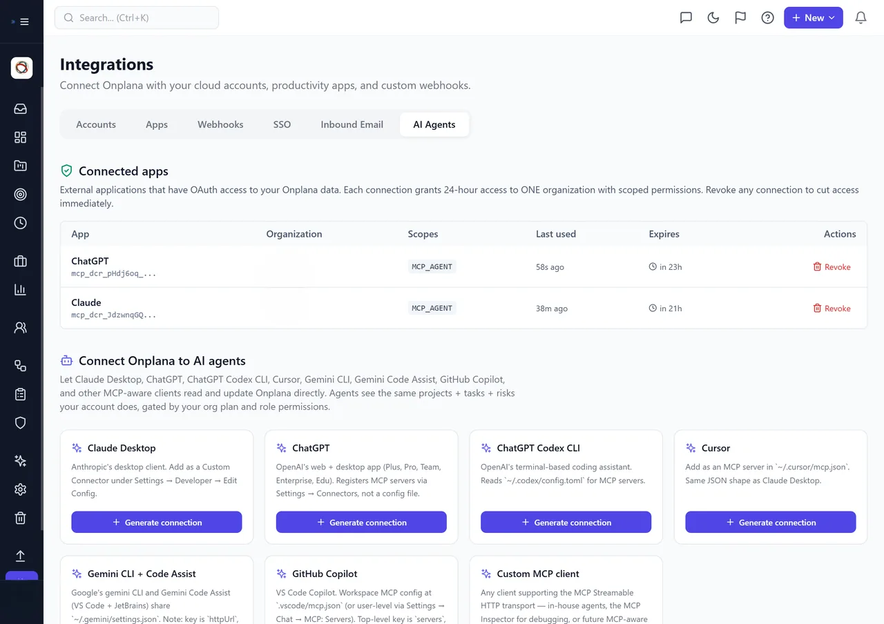 Onplana Integrations page, AI Agents tab: connected ChatGPT and Claude apps with MCP_AGENT scopes, and connection cards for Claude Desktop, ChatGPT, Codex CLI, Cursor, Gemini, and GitHub Copilot
