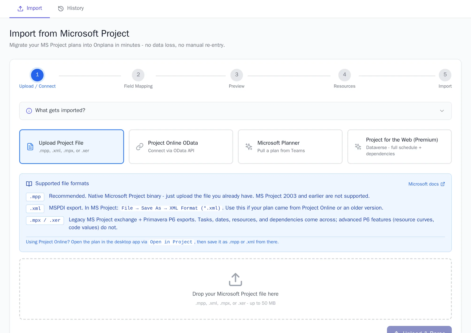 Onplana migration wizard with upload and connect options for Microsoft Project files and Project Online