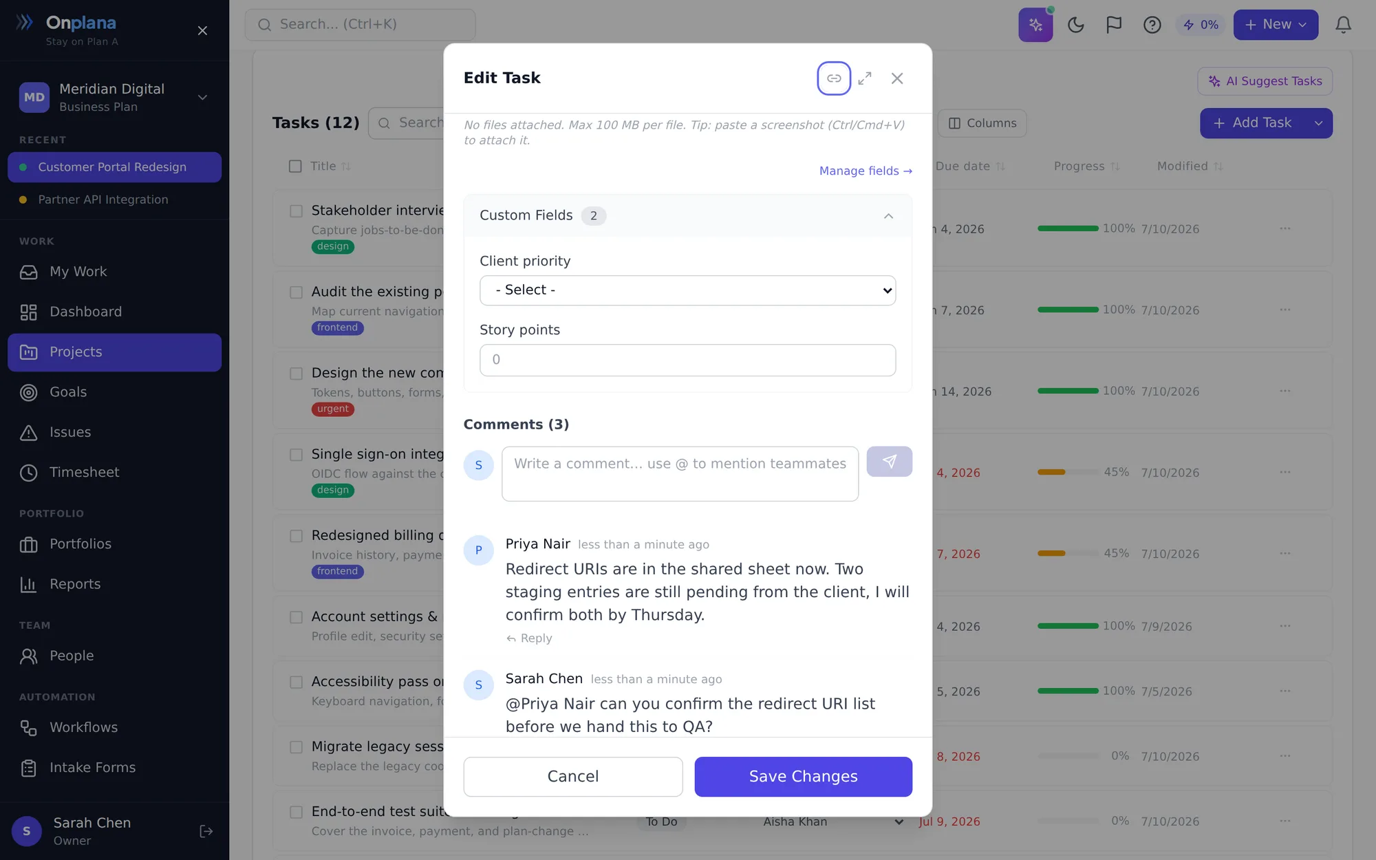 Onplana task modal with a threaded comments panel: an @mention asking a teammate to confirm details and their reply, on the same task the agent works from