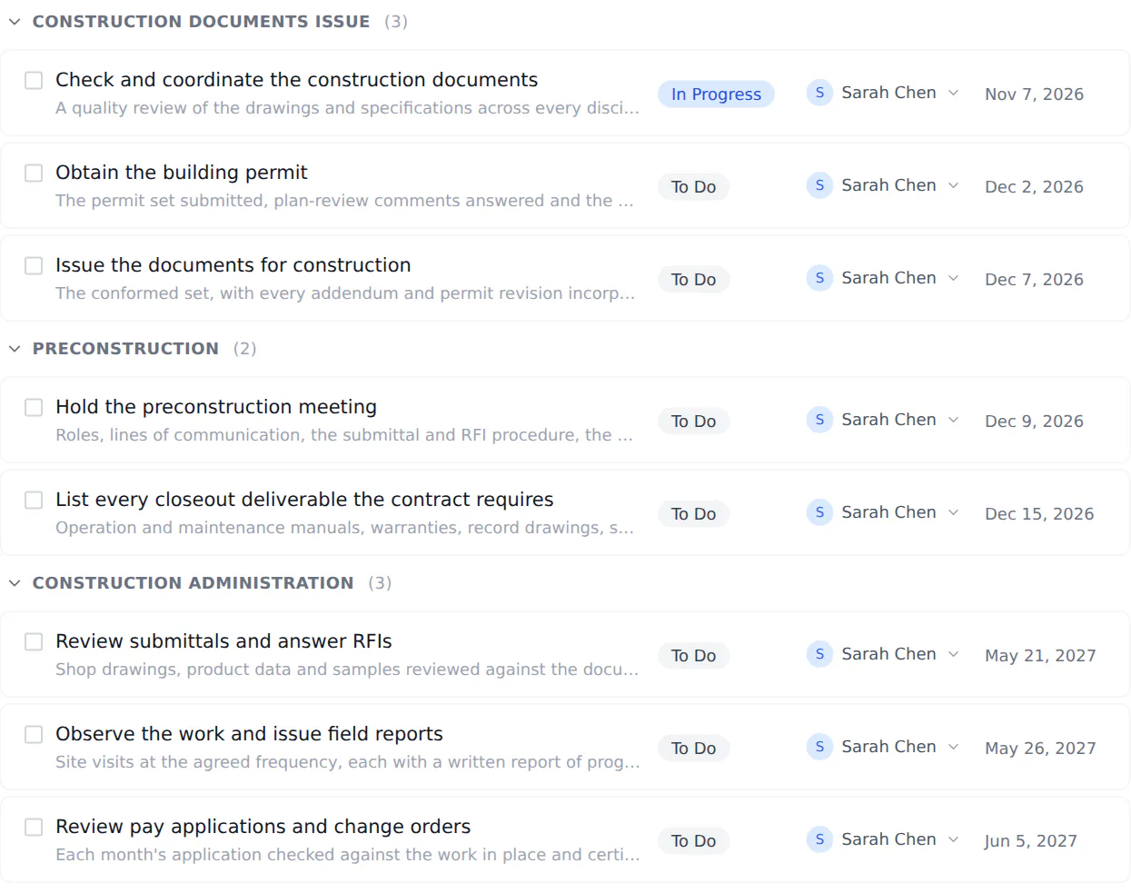 The Construction Documents and Closeout template in Onplana, opened as a project: its first phases as groups in the task list, each task with its status, owner and due date
