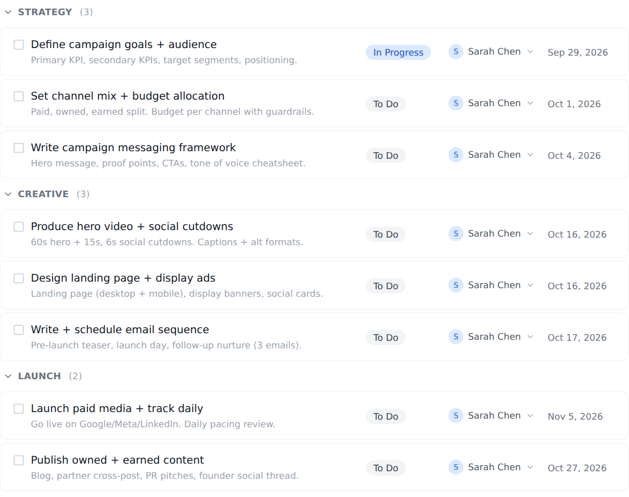 The Marketing Campaign template in Onplana, opened as a project: its first phases as groups in the task list, each task with its status, owner and due date