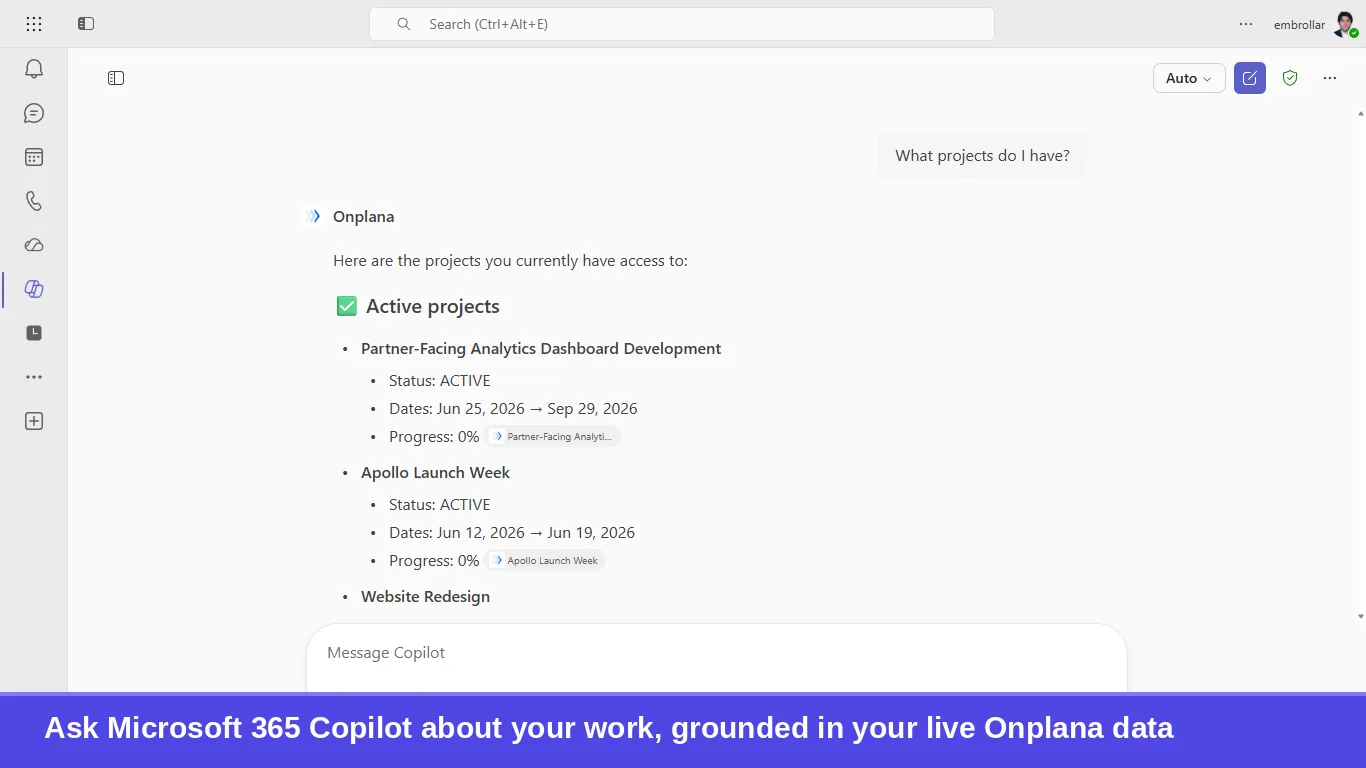 Microsoft 365 Copilot answering a plain-language question with a grounded list of the user's live Onplana projects