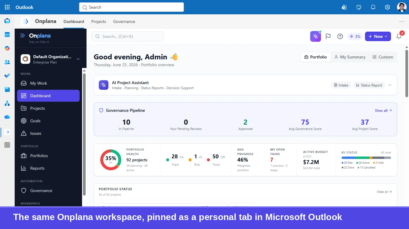 The same Onplana dashboard pinned as a personal tab inside Microsoft Outlook