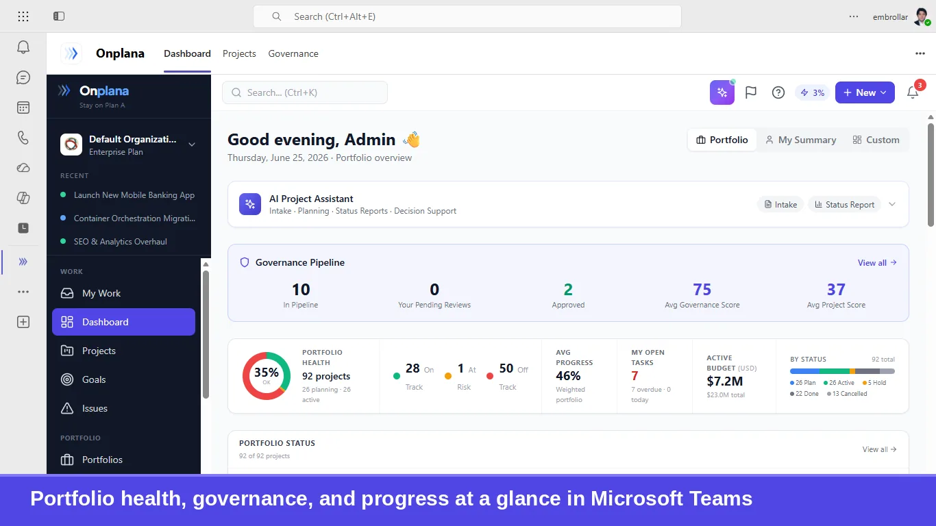 The Onplana Dashboard tab running inside Microsoft Teams