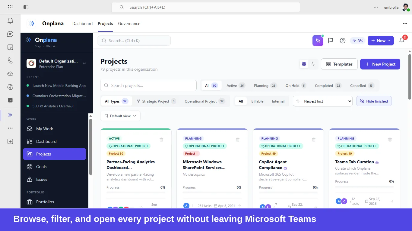The Onplana Projects tab running inside Microsoft Teams